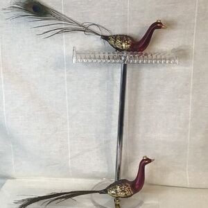 VTG NWT Pair of Peacock Mercury Glass Clip on Christmas Ornament Genuine Tail